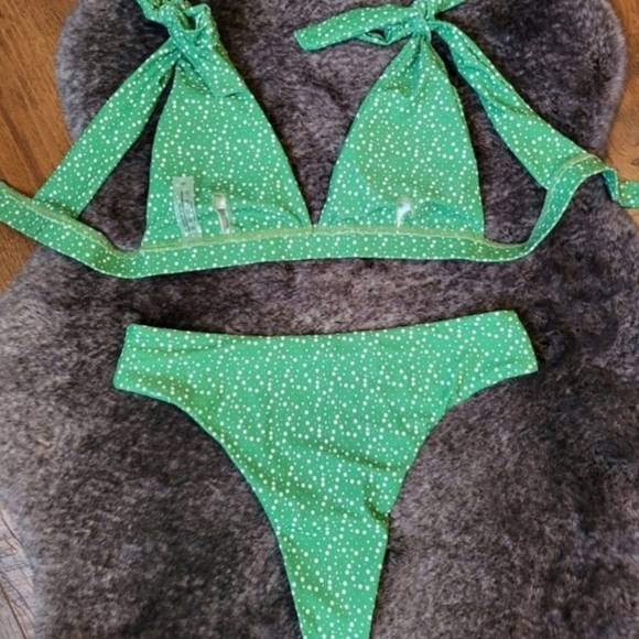 New Green Print V-plunge Triangle Bralette Bikini Set Swimsuit Size L - Picture 7 of 7